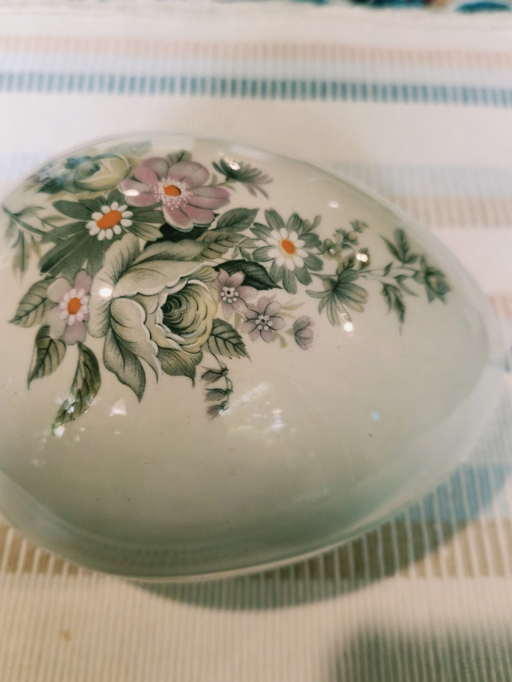 Porcelain Decorative Egg with Green and Pink Floral Motif